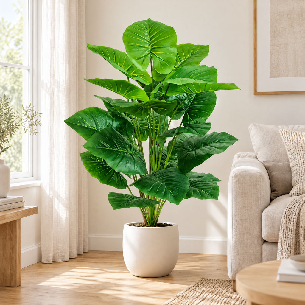 Large faux tropical plant with big green leaves in a white pot beside a sofa