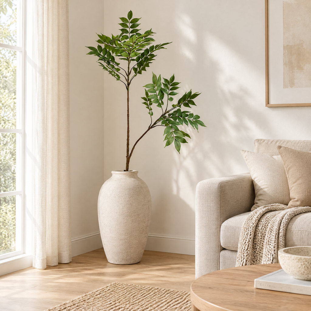Tall faux green leaf branch in a large cream floor vase in a bright corner