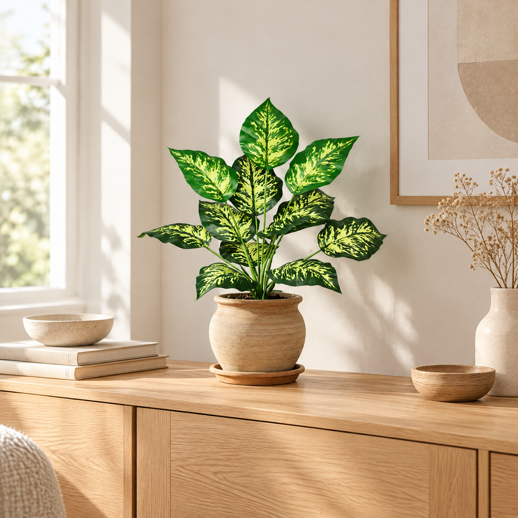 Small faux leaf plant in a terracotta pot on a wooden sideboard