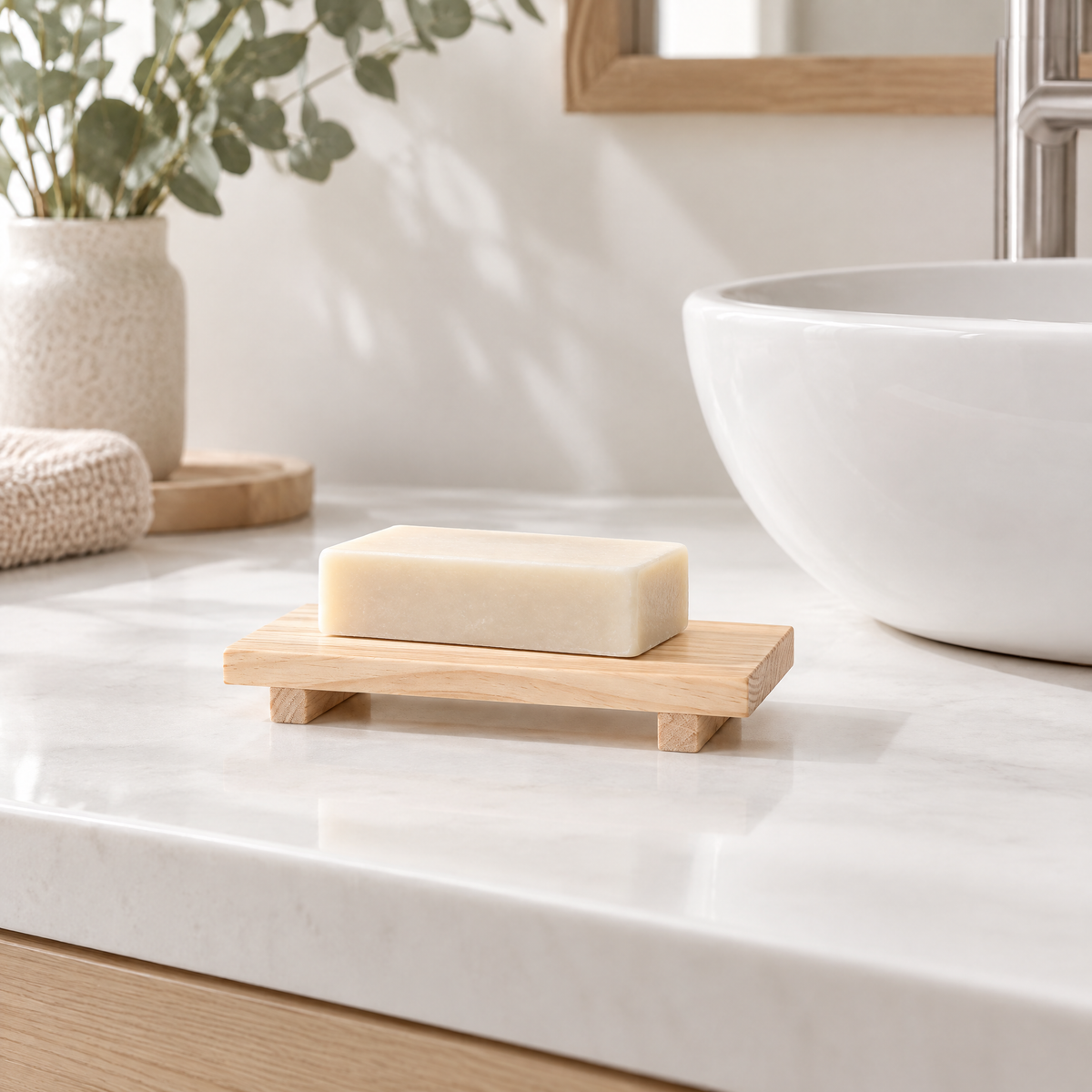 Slim light wooden soap tray holding a bar of soap on a white bathroom vanity