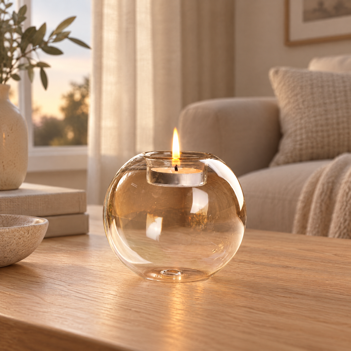 Clear round glass tealight holder with a lit tealight on a light oak table