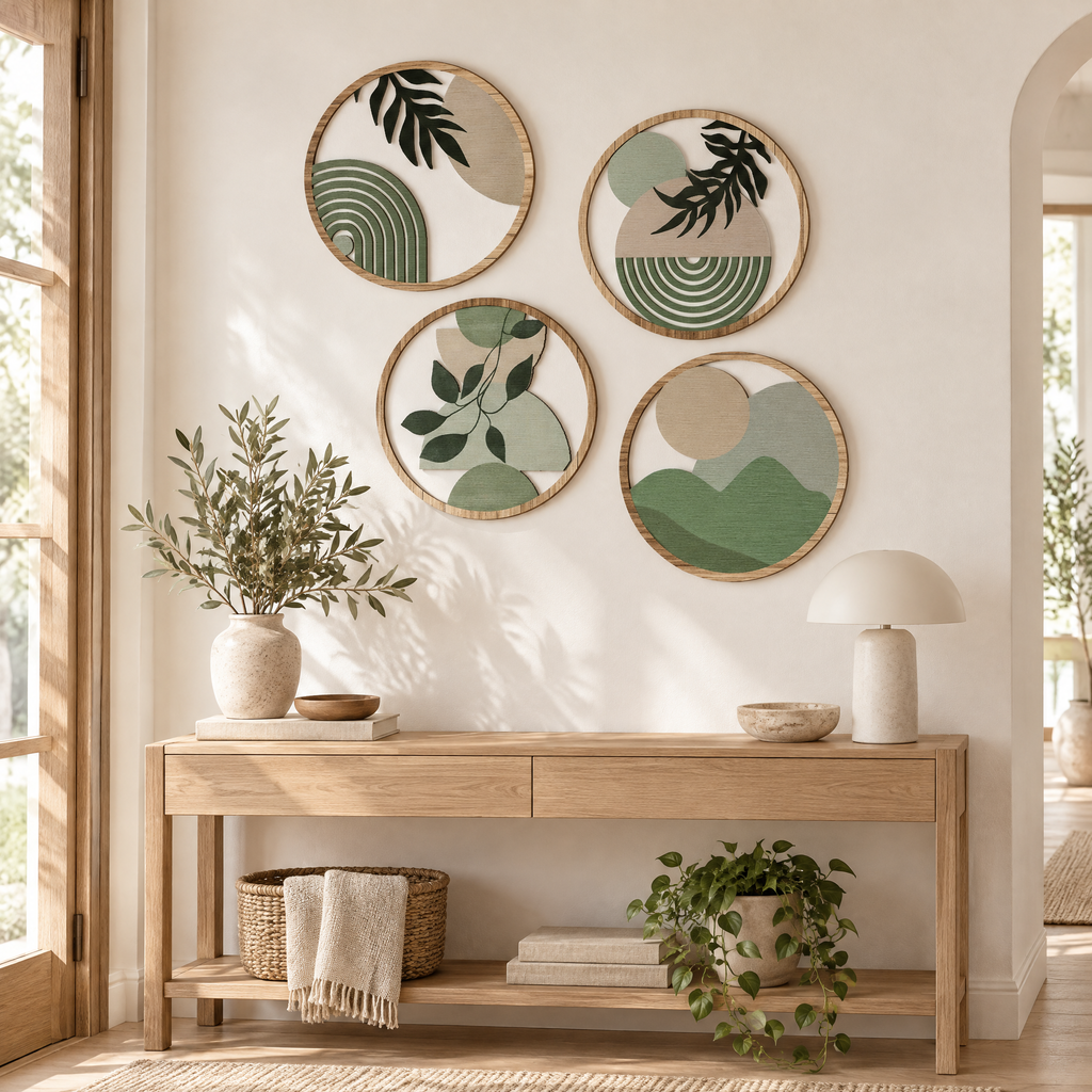 Four round wooden wall pieces in sage and sand hung together above a console table