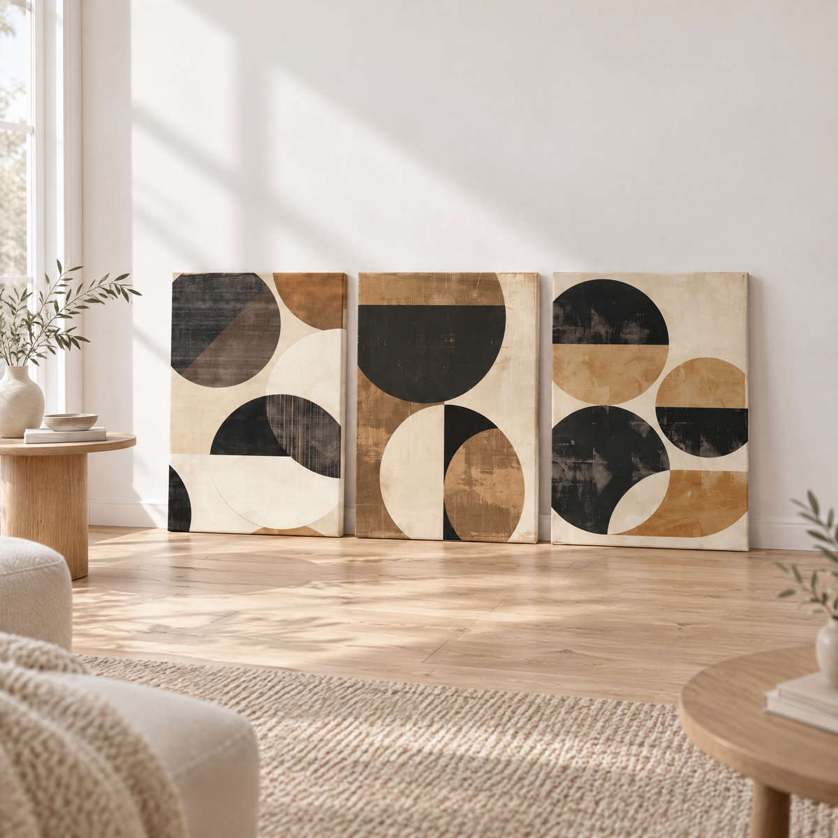 Three unframed abstract canvas prints in black and tan circles leaning against a white wall
