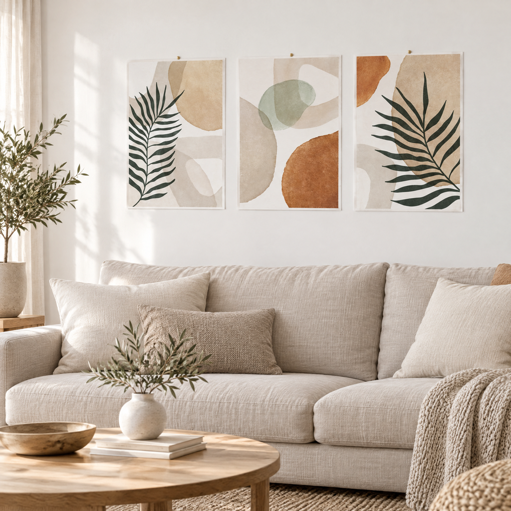 Three unframed leaf and terracotta art prints hung side by side above a sofa