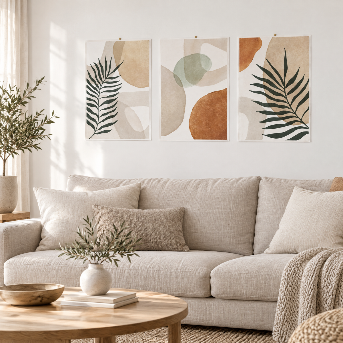 Three unframed leaf and terracotta art prints hung side by side above a sofa