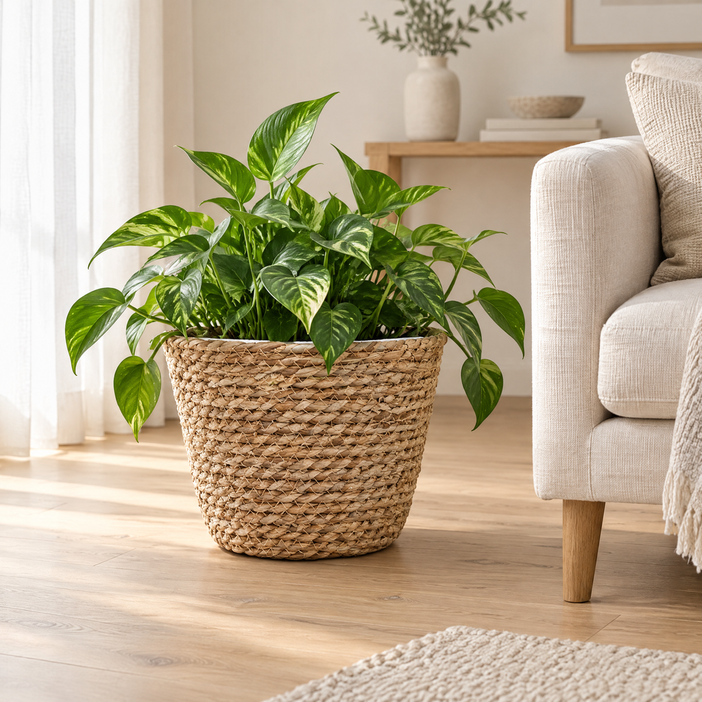 Grass Planter Basket Hedviga with a green plant in a calm Scandinavian living room