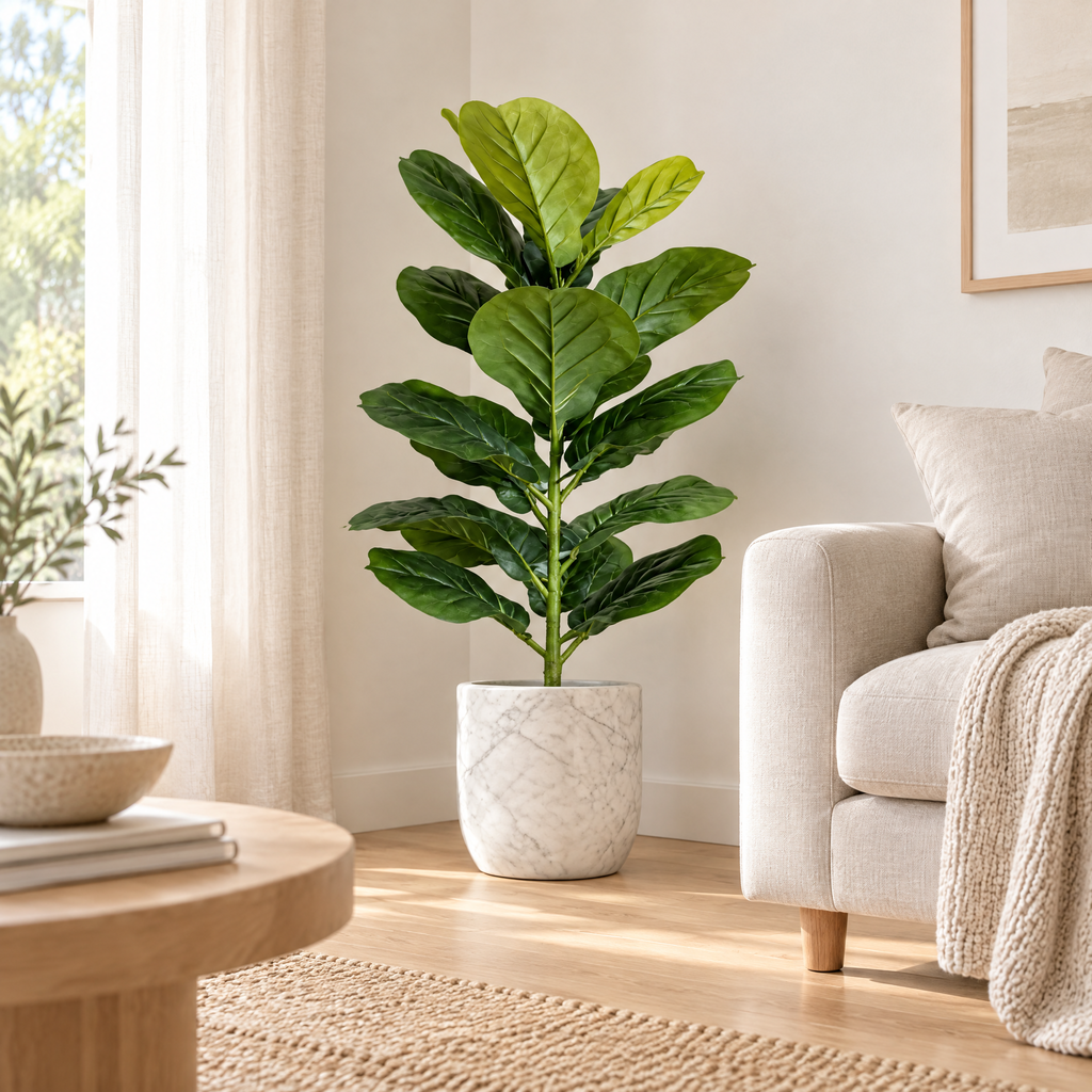 Faux fiddle-leaf fig tree in a white ceramic pot beside a linen sofa