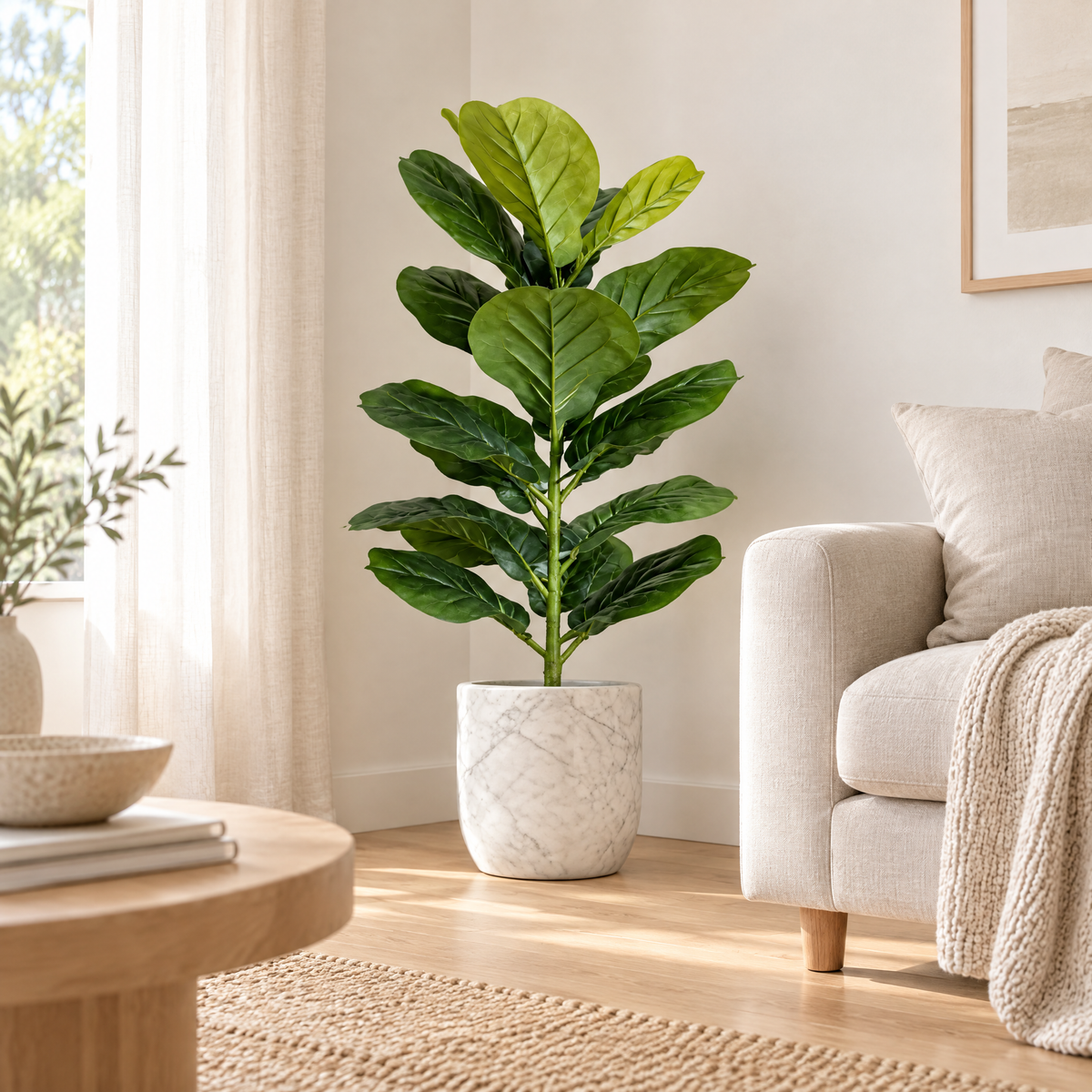 Faux fiddle-leaf fig tree in a white ceramic pot beside a linen sofa