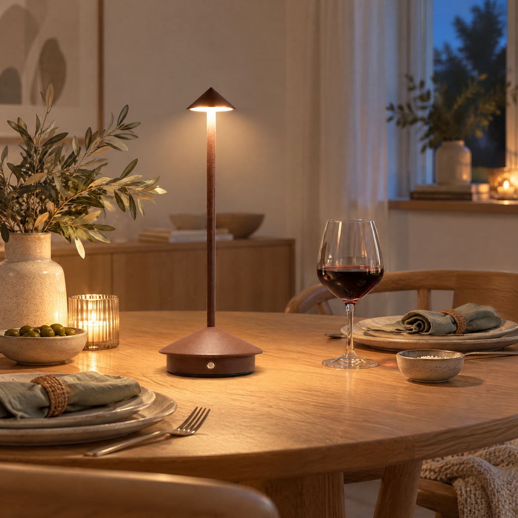 Cordless Lamp Bianka in brown on a set oak dining table in the evening