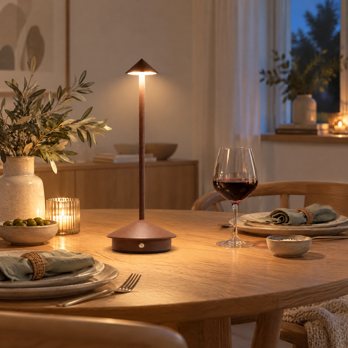 Cordless Lamp Bianka in brown on a set oak dining table in the evening