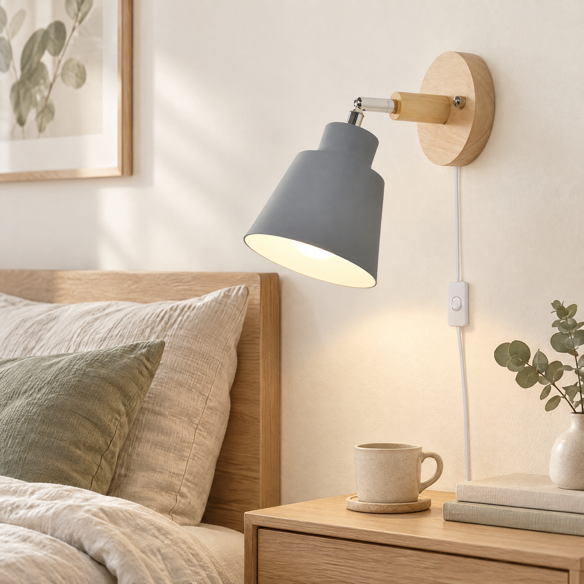 Wall Lamp Samuel in grey above a bedside table with linen bedding