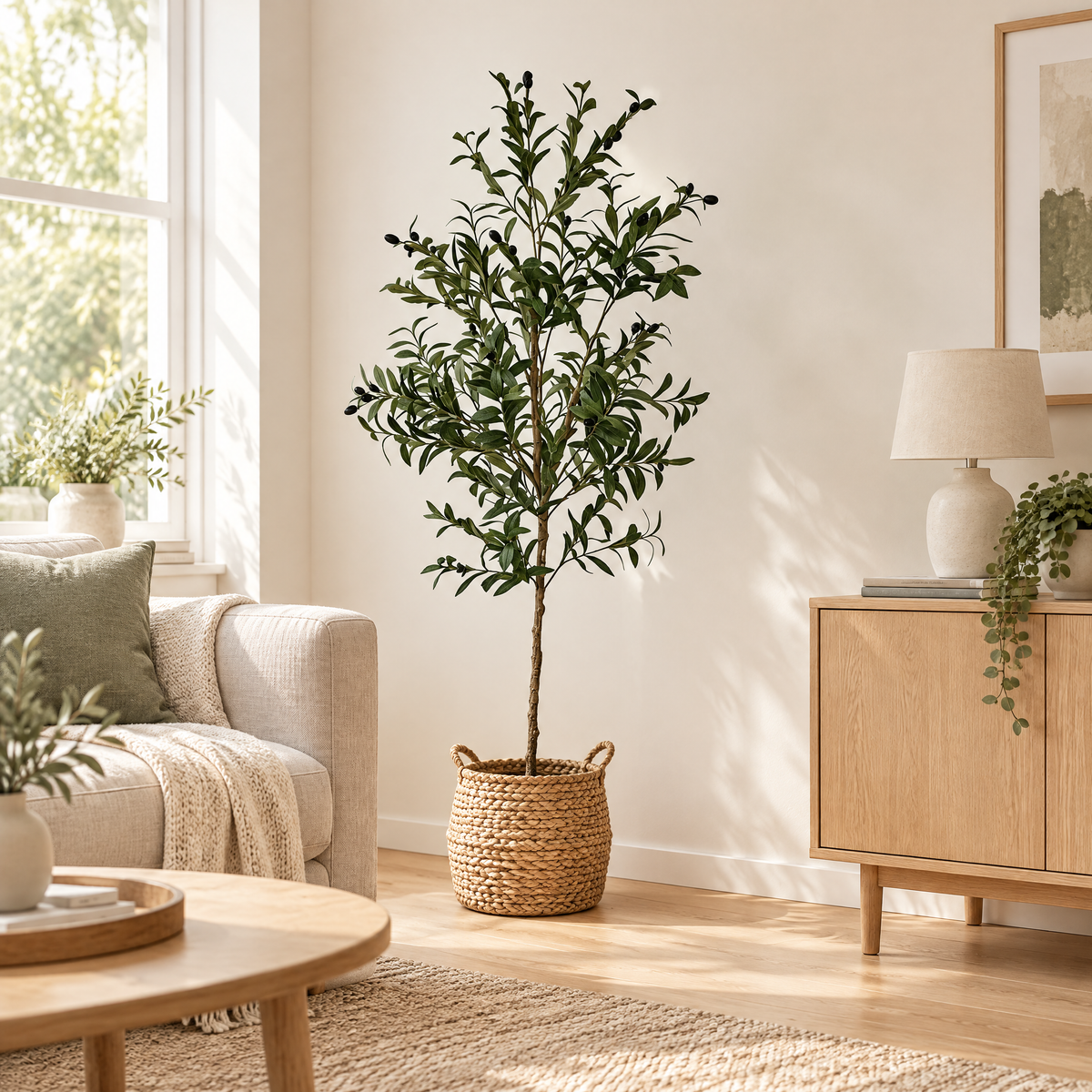 Olive Tree Olívia in a woven seagrass basket next to a linen sofa in a bright living room