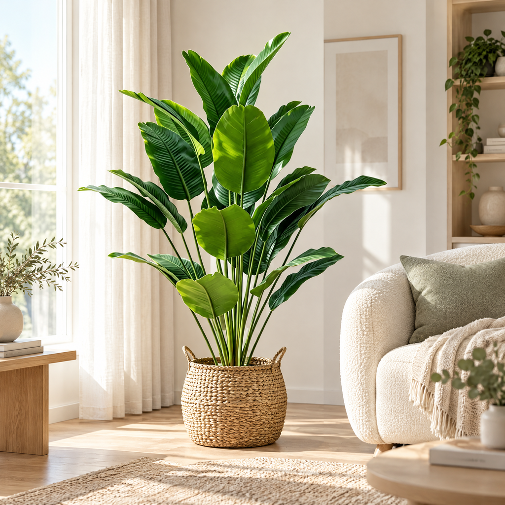 Bird of Paradise Rebeka in a woven seagrass basket beside a cream armchair