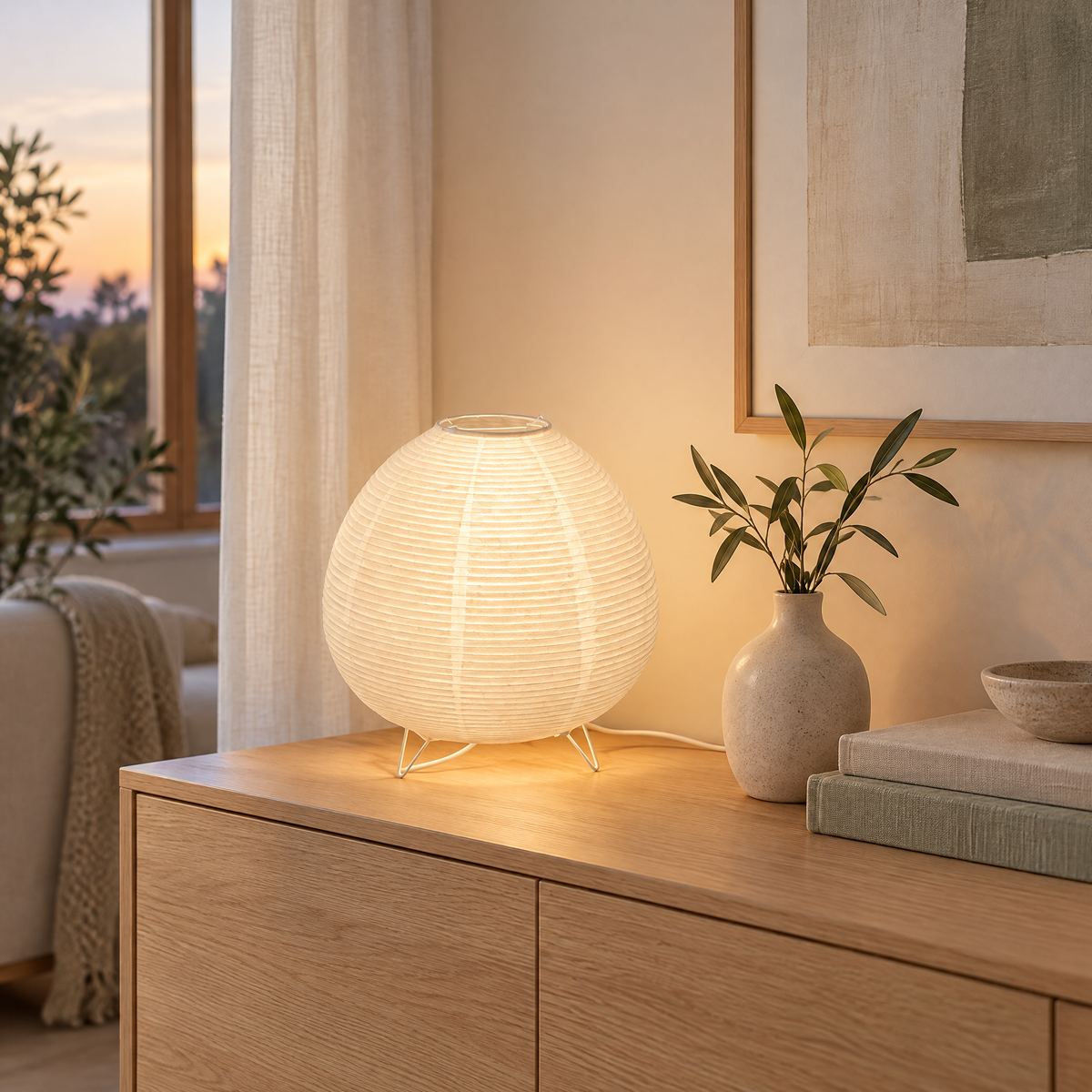 Table Lamp Agáta glowing on a light oak sideboard in a calm Scandinavian living room