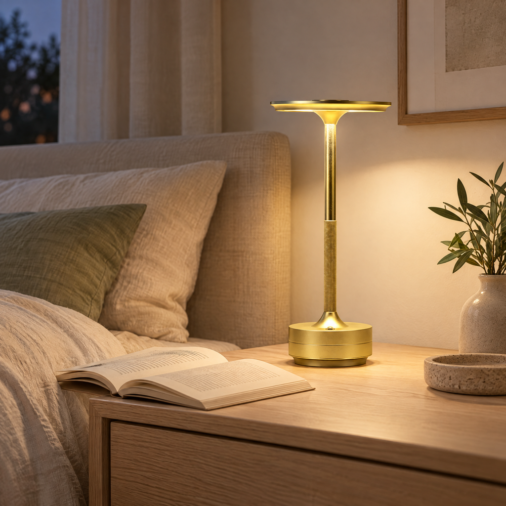 Cordless Lamp Stela in gold on an oak bedside table with an open book