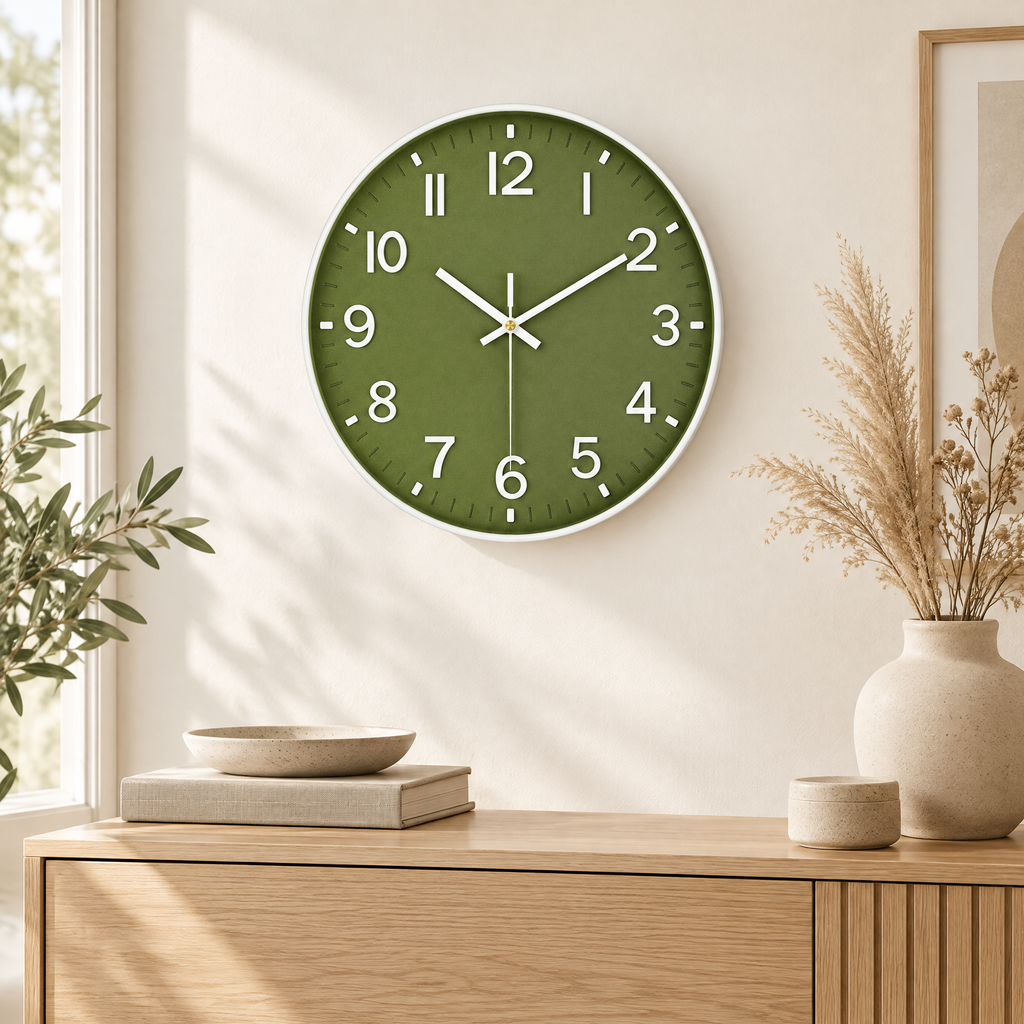 Wall Clock Teodor in olive above a light oak sideboard