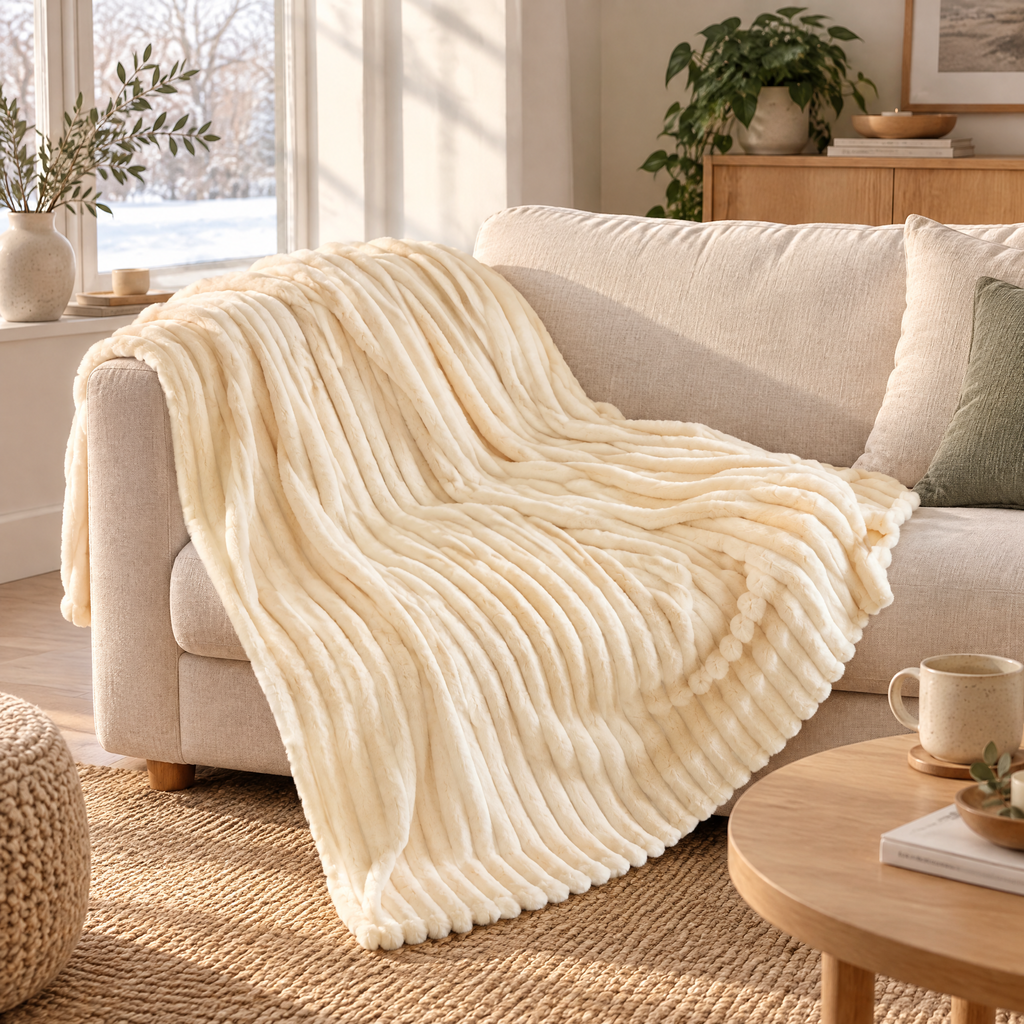 Throw Blanket Klaudia in cream draped over a linen sofa in a calm Scandinavian living room