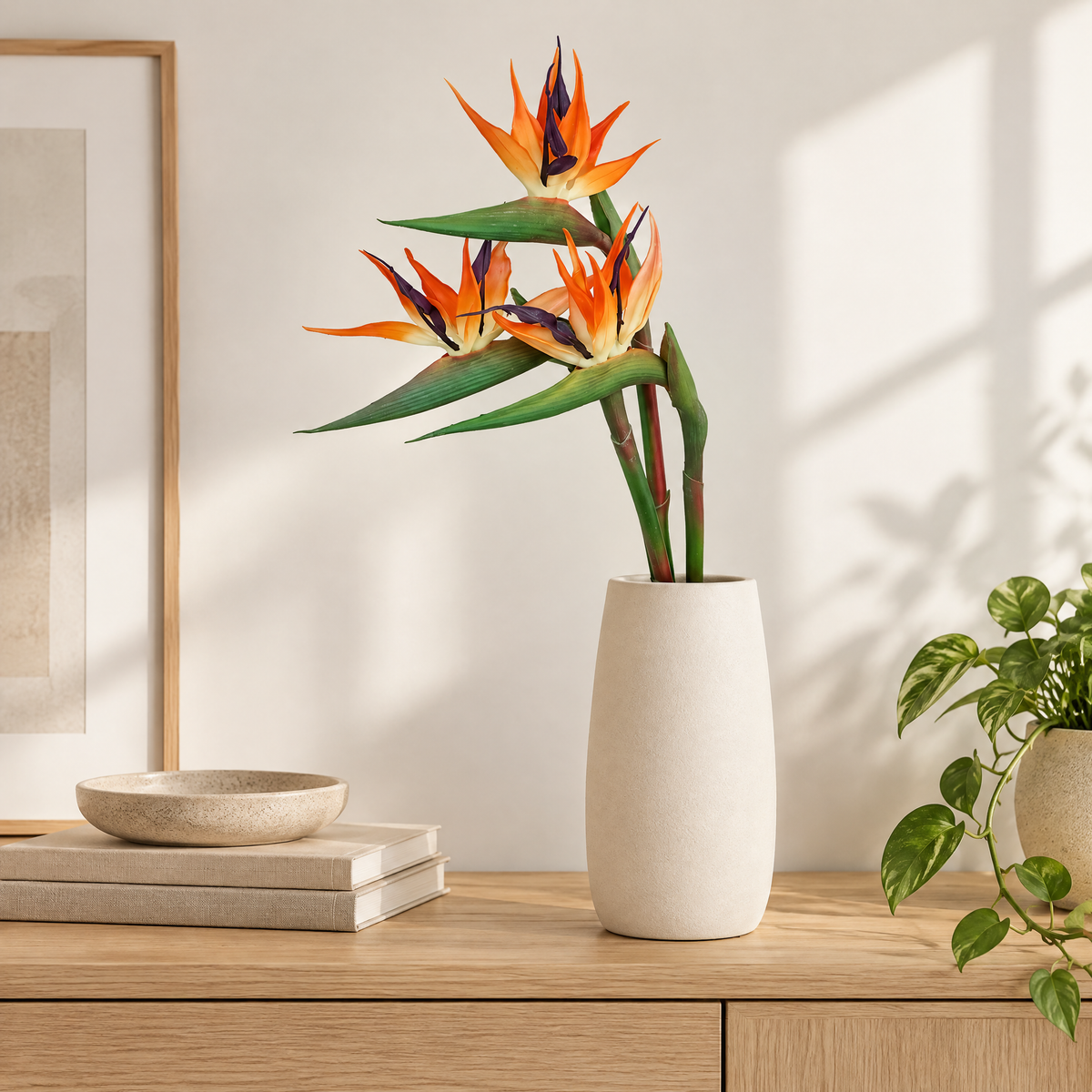 Bird of Paradise Stems Irena, three orange stems in a tall cream vase