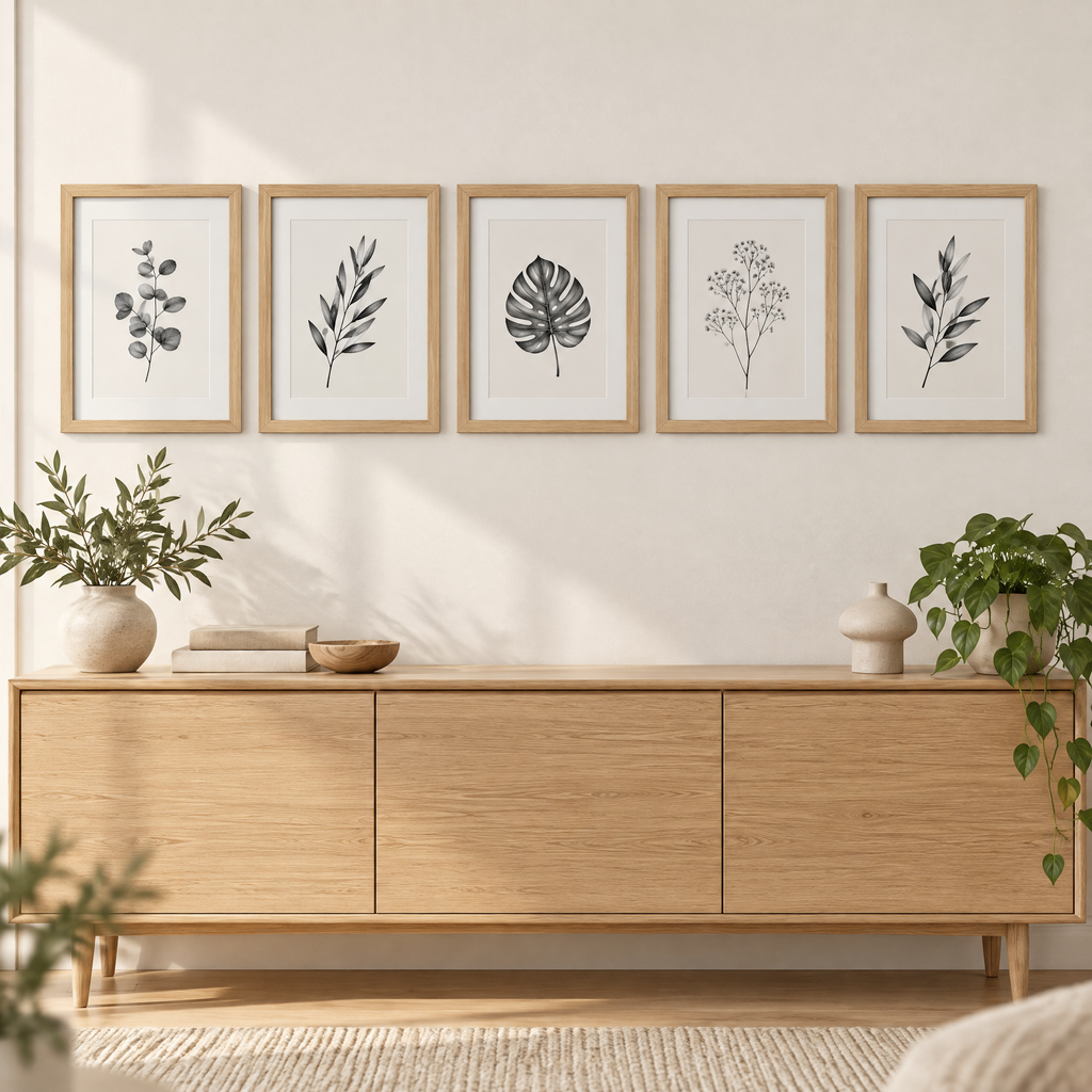 Photo Frames Lea, five natural wood frames in a row above an oak sideboard