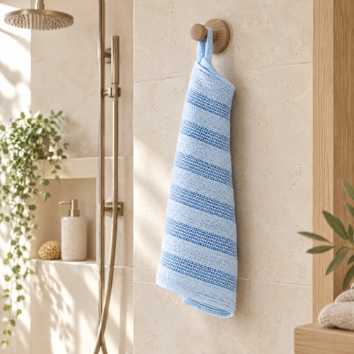Back Scrub Towel Jozef in light blue hanging in a calm shower