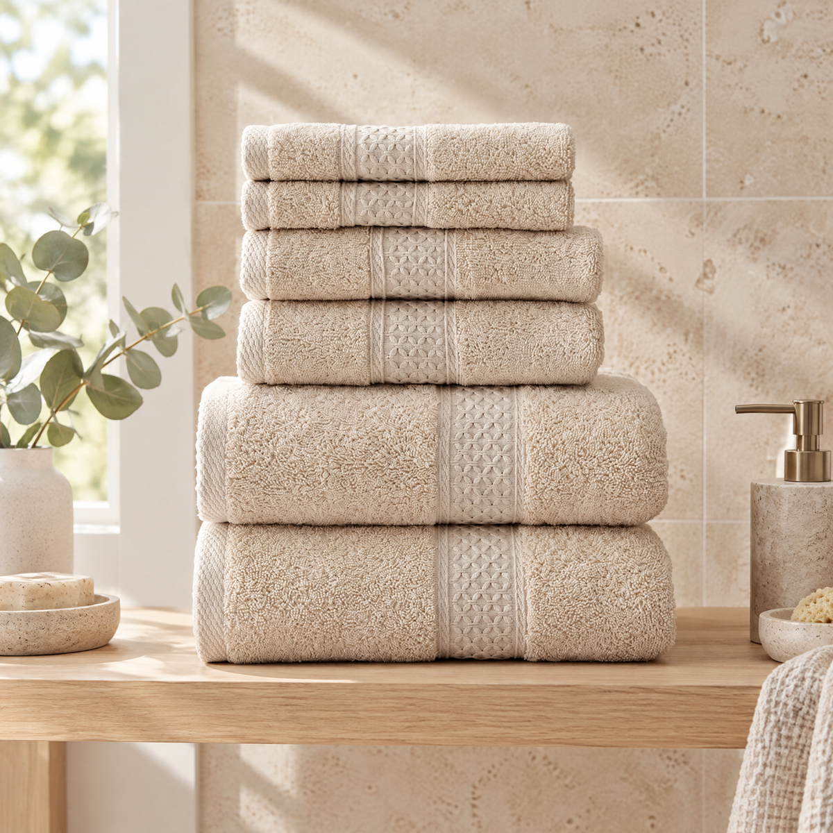 Towel Set Linda stacked on an oak shelf in a bright bathroom