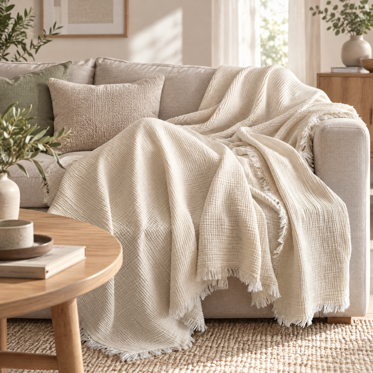 Throw Blanket Alžbeta in cream draped over a linen sofa