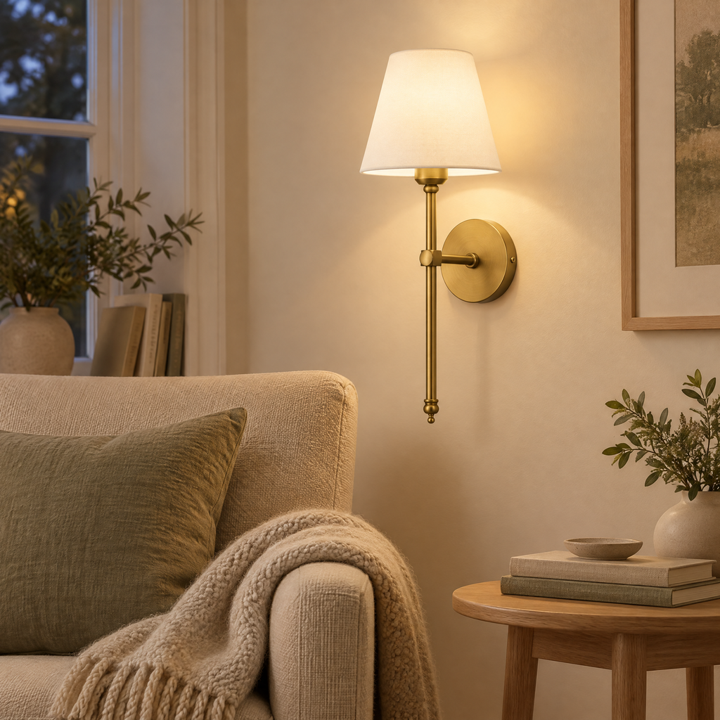 Wall Sconce Mirka above a reading armchair