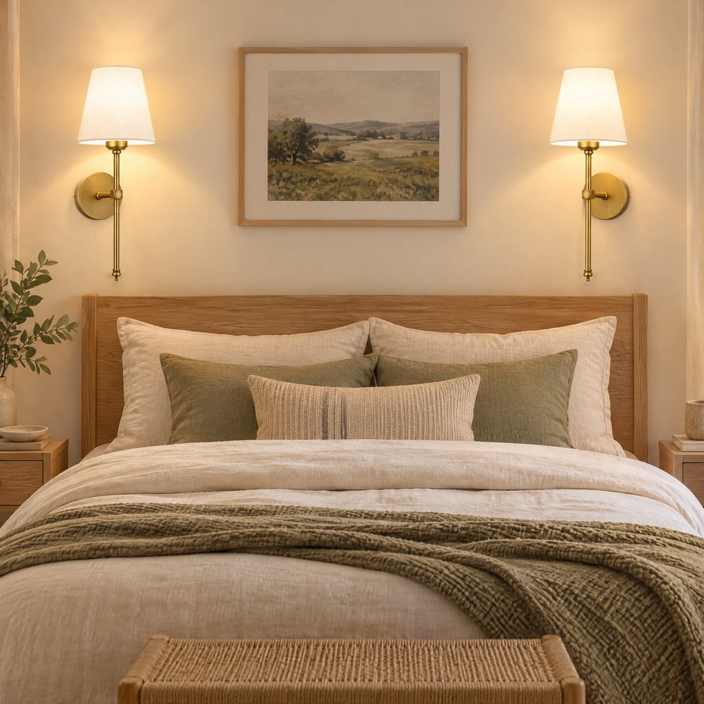 Wall Sconces Mirka, a pair of brass battery wall lights beside a bed