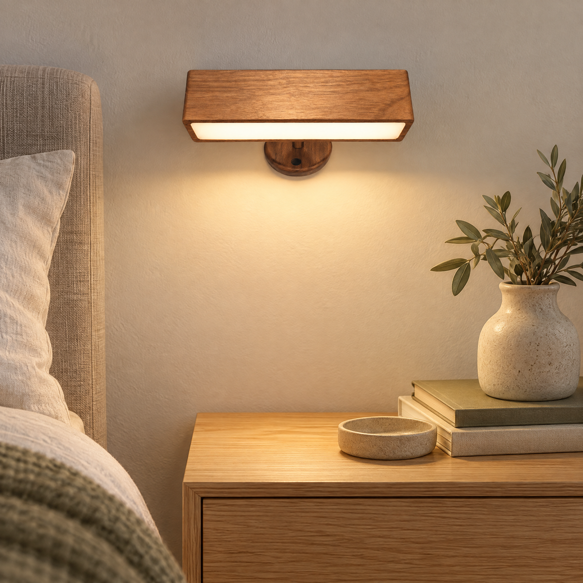 Wall Lamp Hugo, a rechargeable walnut wall light above a bedside table