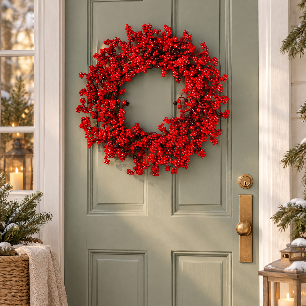 Christmas Wreath Agnesa, handmade red berry christmas wreath on a front door