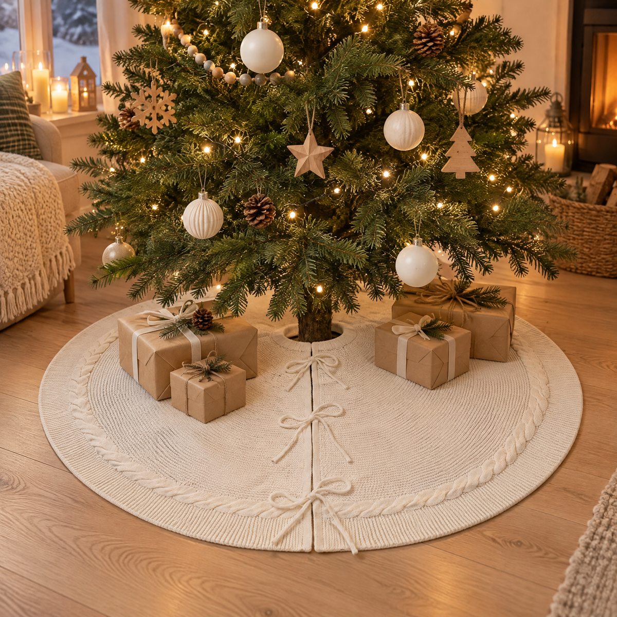 Tree Skirt Marcela, cream cable knit tree skirt under a christmas tree