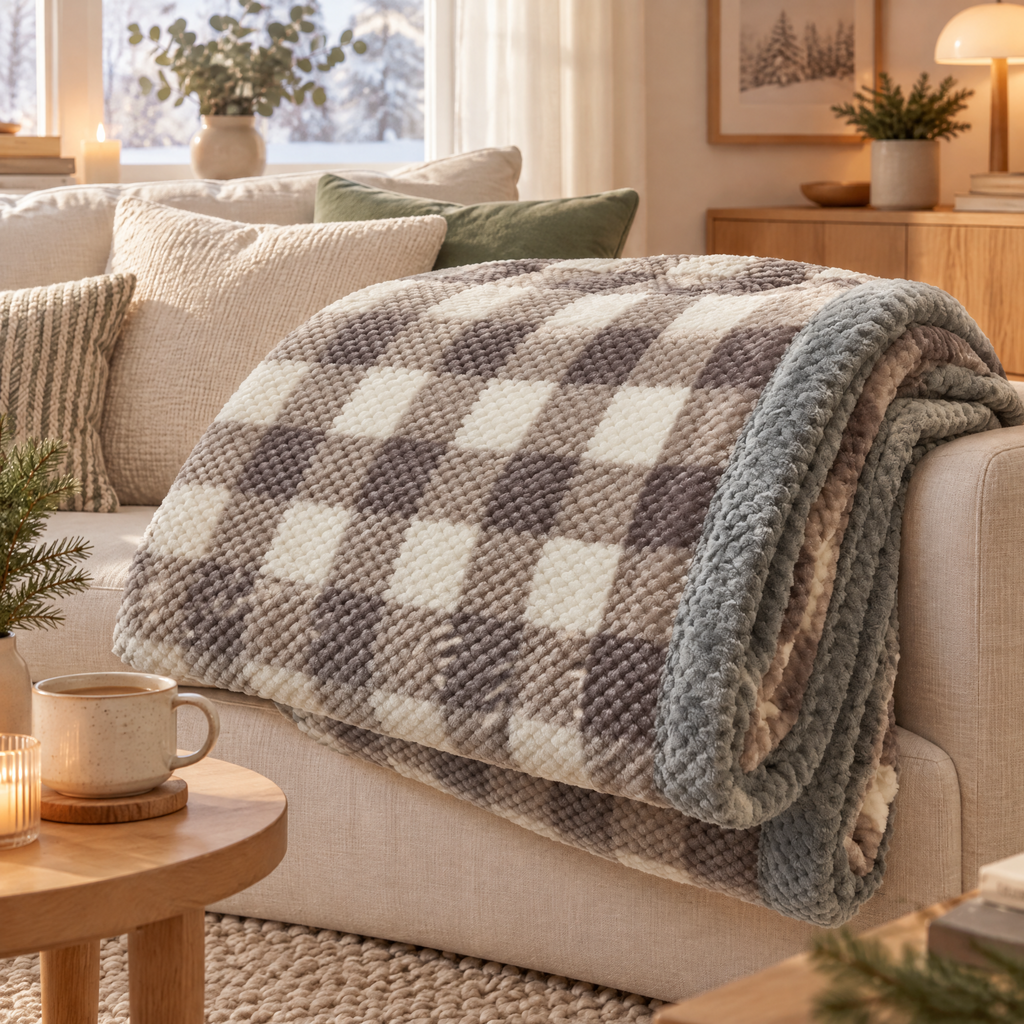 Knit Blanket Tatiana, chunky chenille knit blanket on a linen sofa