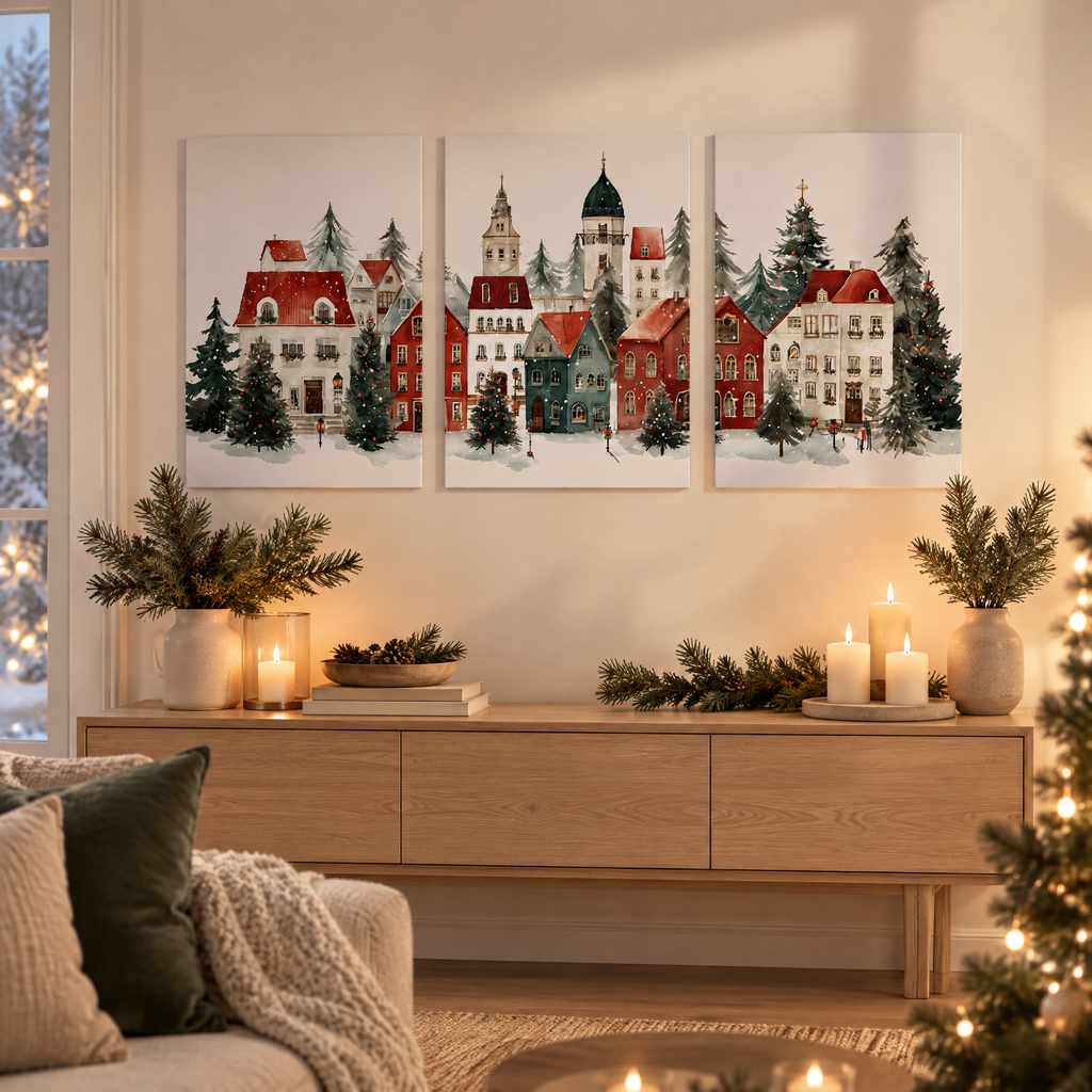 Wall Art Mikuláš, three christmas village canvas prints above a console