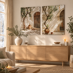 Wall Art Renáta, two olive courtyard canvas prints above a sideboard