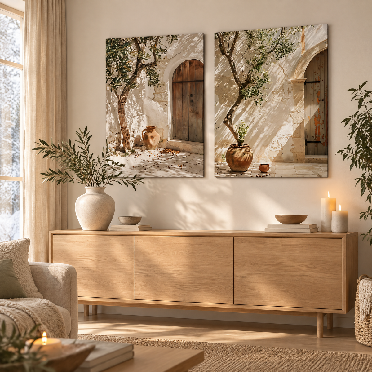 Wall Art Renáta, two olive courtyard canvas prints above a sideboard
