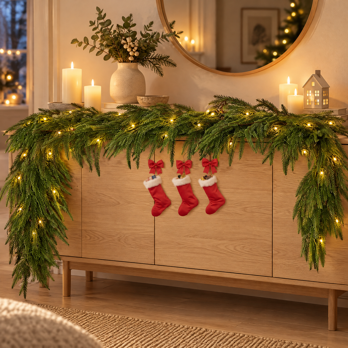 Pine Garland Viktória, norfolk pine garland with warm lights on a sideboard