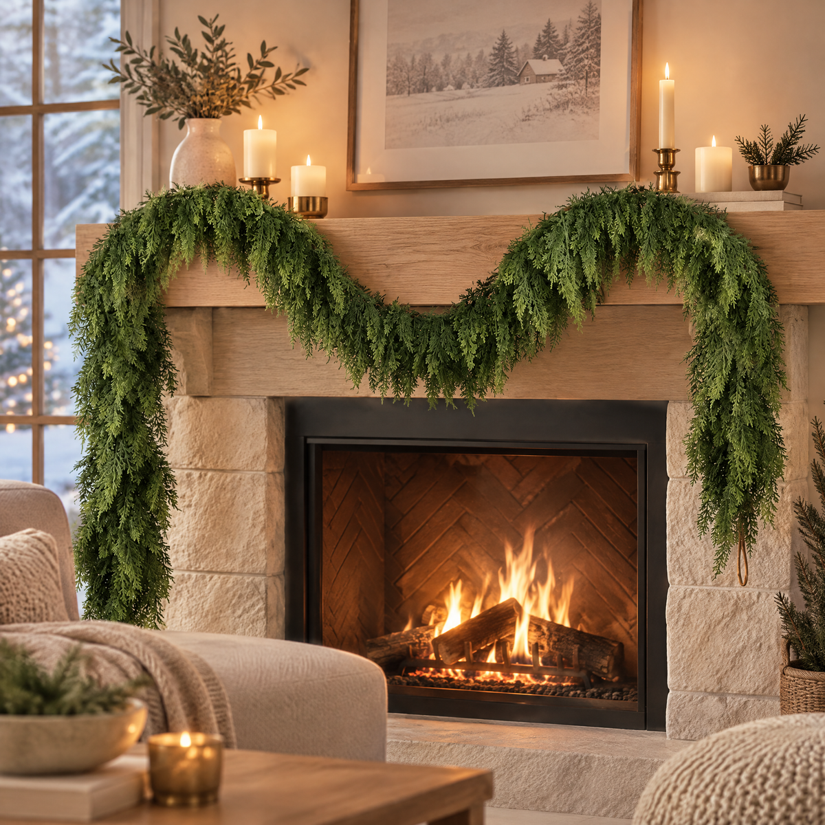 Cypress Garland Silvester, cypress garland draped over a fireplace mantel