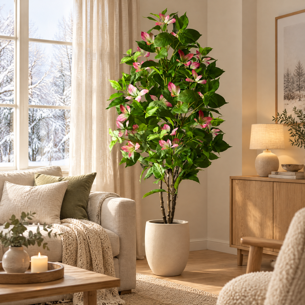 Blossom Tree Zlatica, tall faux blossom tree next to a sofa