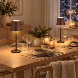 Cordless Lamps Leopold, two chocolate cordless table lamps on a dining table