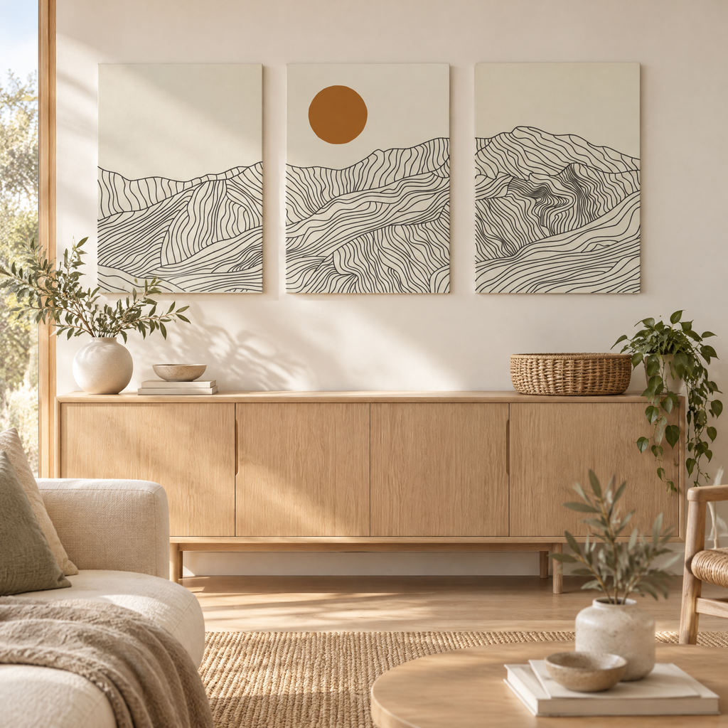 Wall Art Matej – three line-art mountain prints with a sun above a light oak sideboard