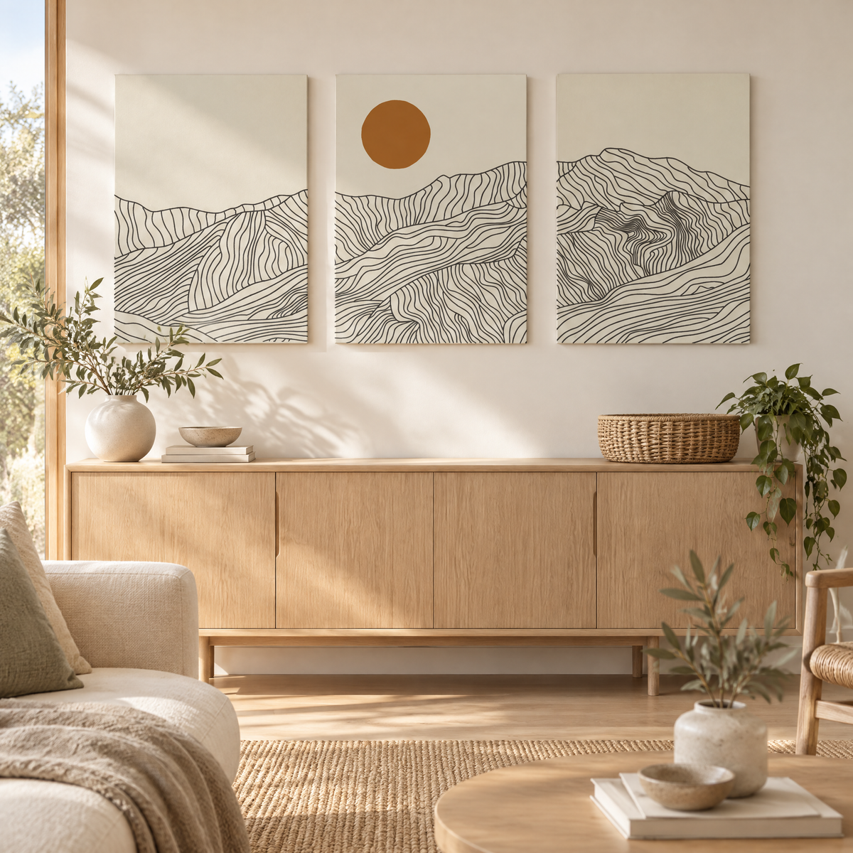 Wall Art Matej – three line-art mountain prints with a sun above a light oak sideboard