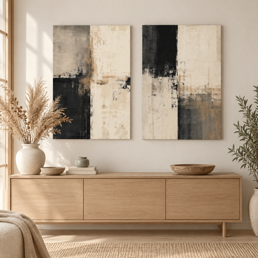Wall Art Ľuboslava – two charcoal and cream abstract canvas prints above a light oak console
