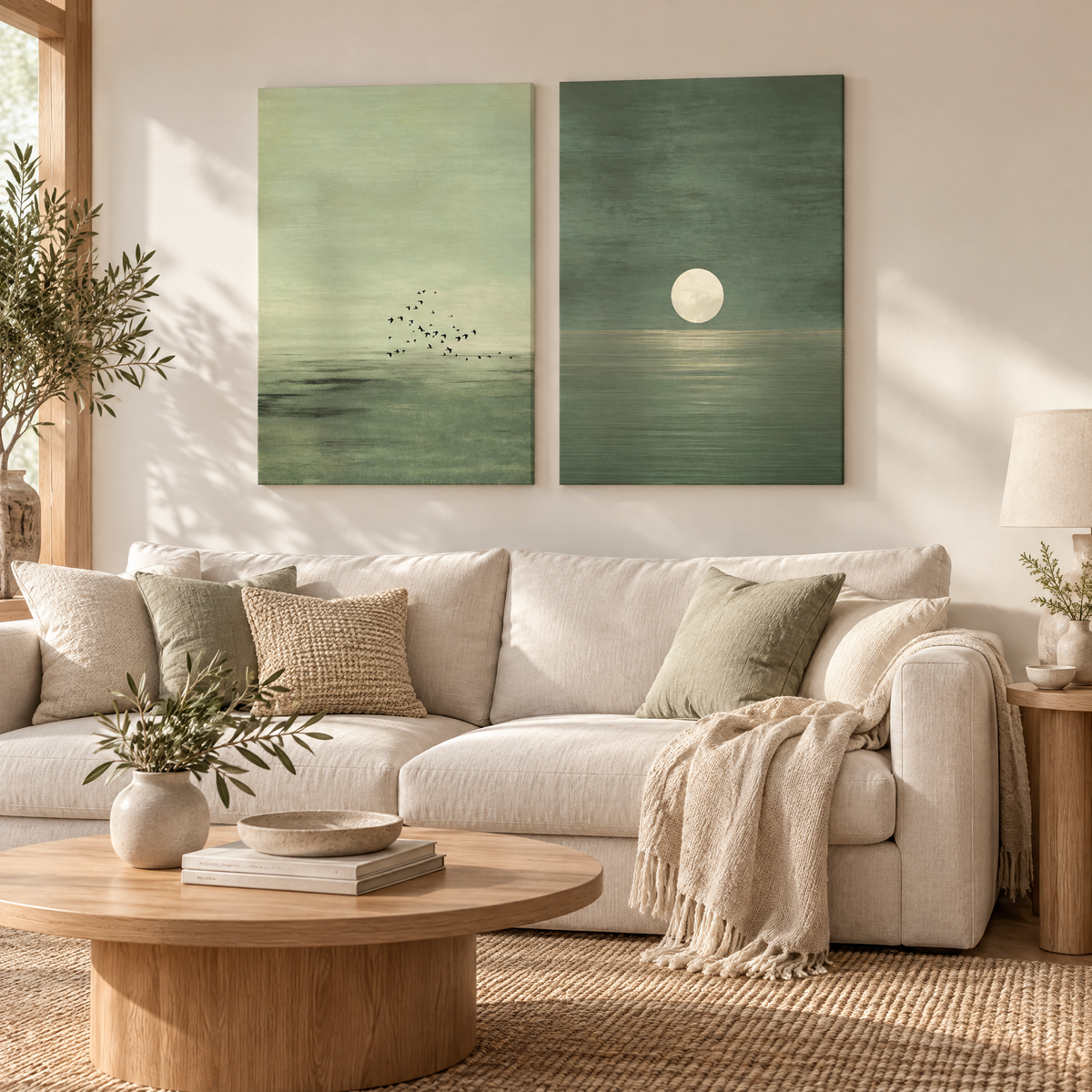 Wall Art Miloslava – two sage green moon over water canvas prints above a linen sofa