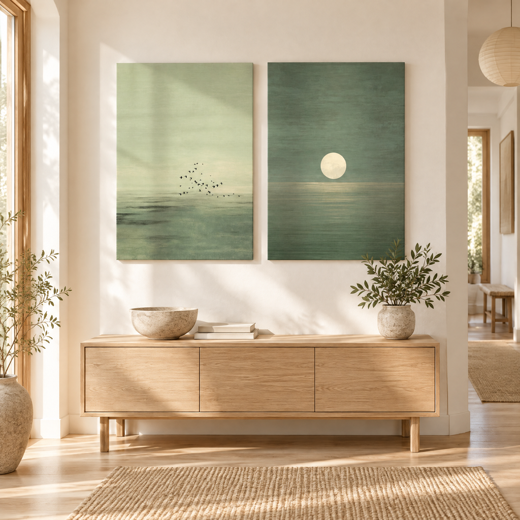 Wall Art Miloslava – two sage moon and water prints above a light oak console in a bright hallway