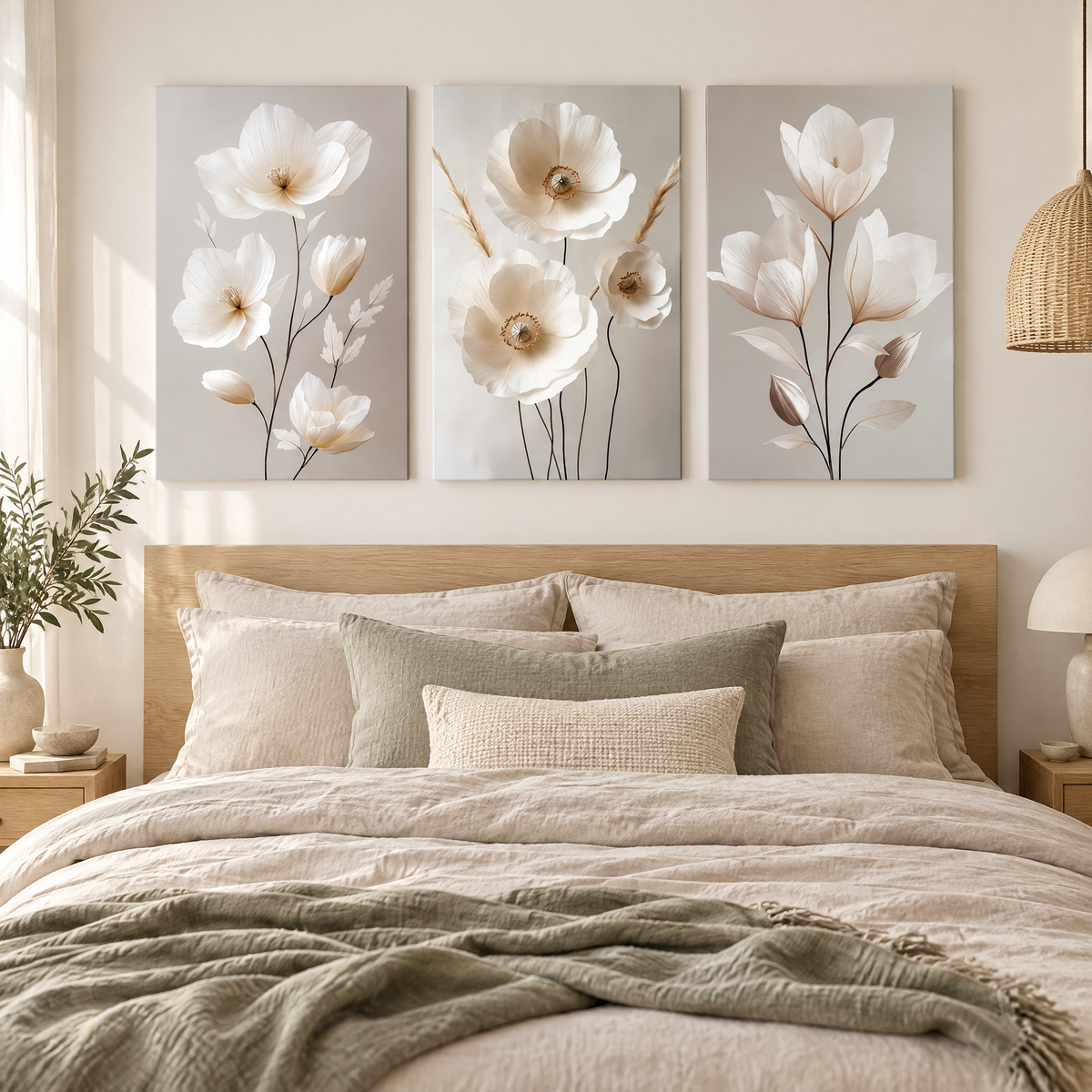 Wall Art Patrícia – three white blossom canvas prints above a bed with linen bedding