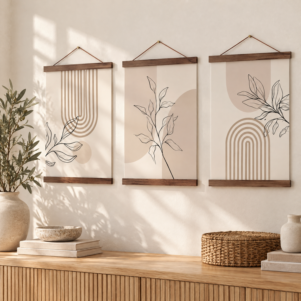 Three art prints hung with walnut magnetic poster hangers above a sideboard