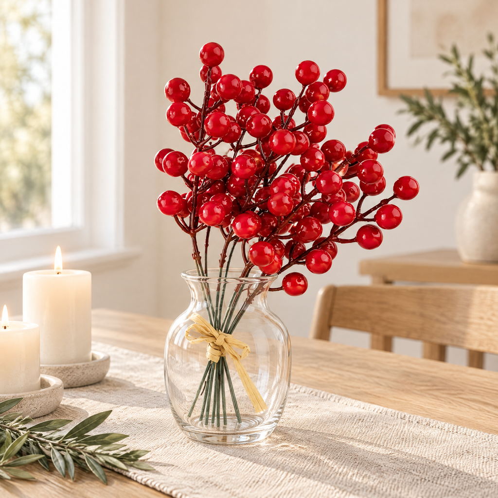 Red berry picks in a glass vase on a light oak dining table with candles