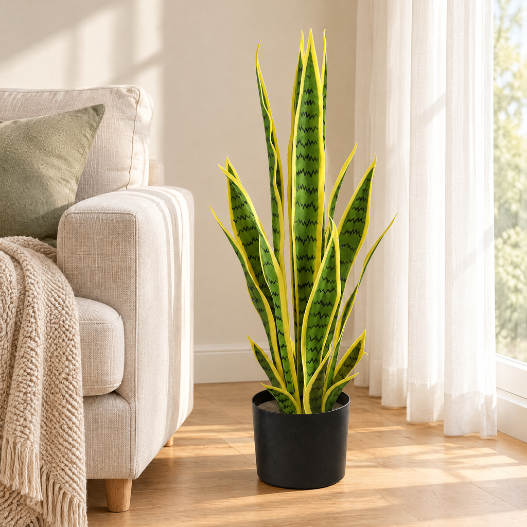 Faux snake plant in a black pot beside a linen sofa in a bright Scandinavian living room