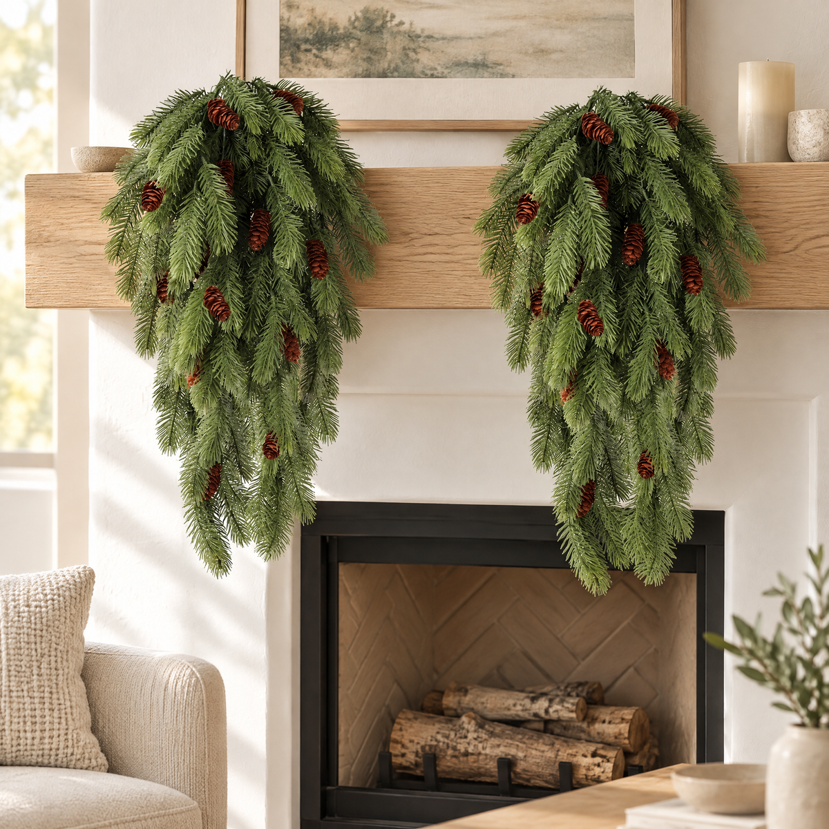 Two hanging pine vines with pine cones on an oak mantel above a white fireplace
