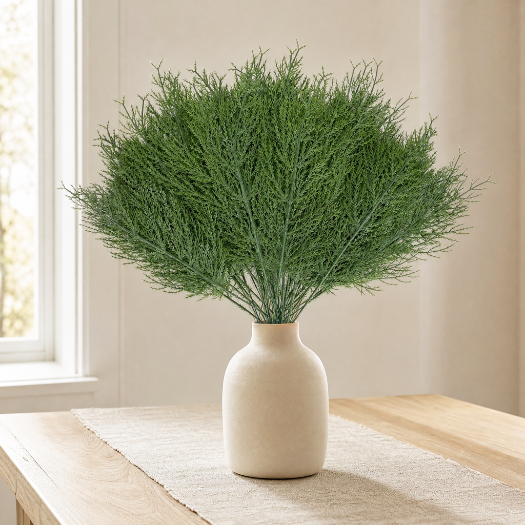 Bundle of green pine sprigs in a cream ceramic vase on an oak table with a linen runner